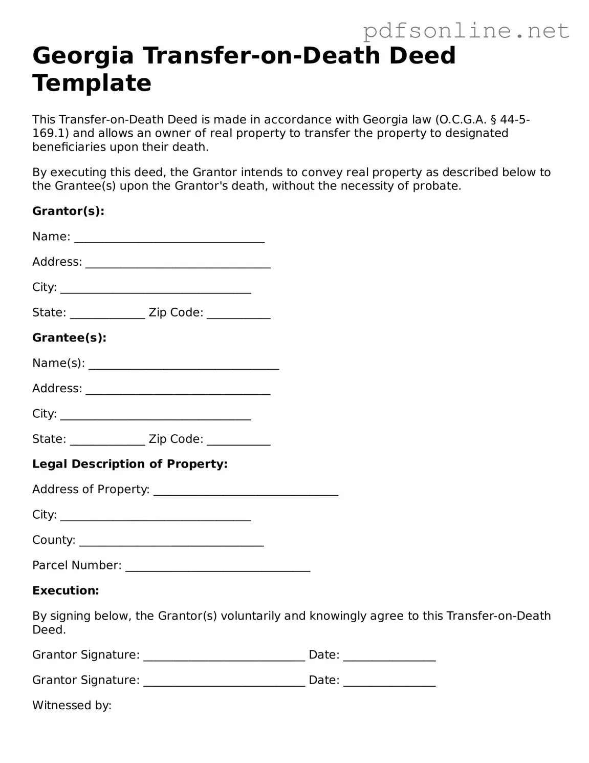 Legal Transfer-on-Death Deed Template for the State of Georgia
