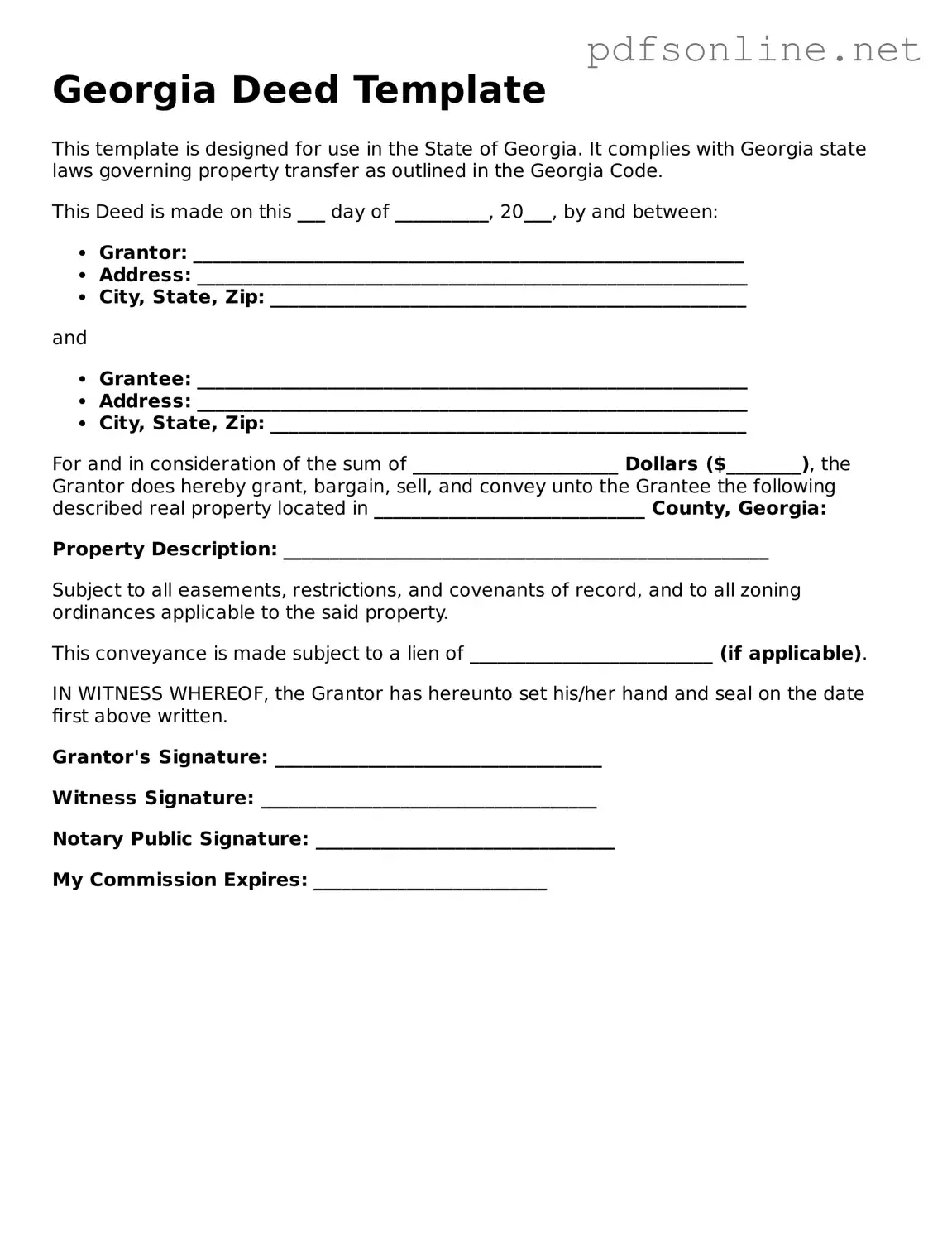 Legal Deed Template for the State of Georgia