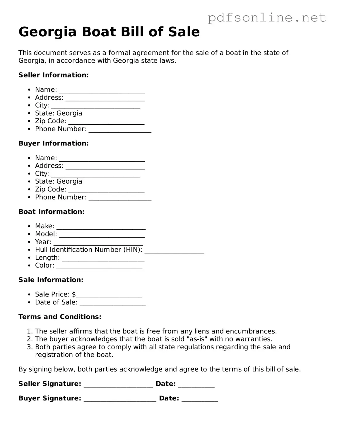 Legal Boat Bill of Sale Template for the State of Georgia