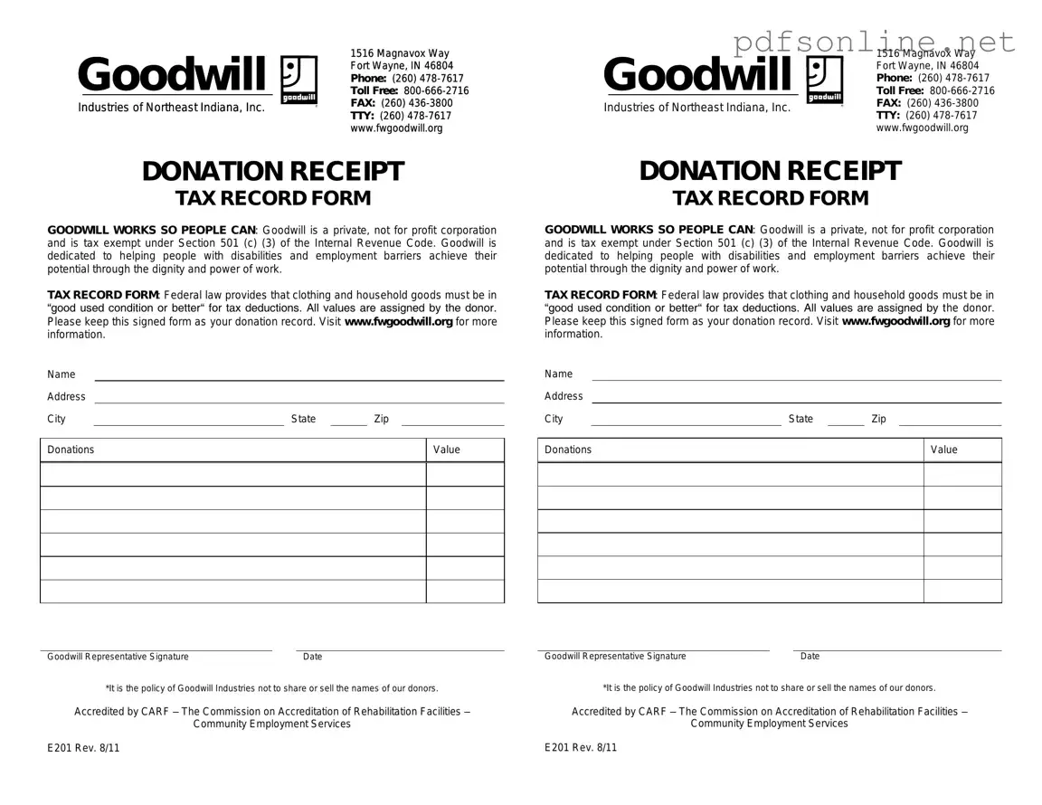 Free Goodwill donation receipt PDF Form