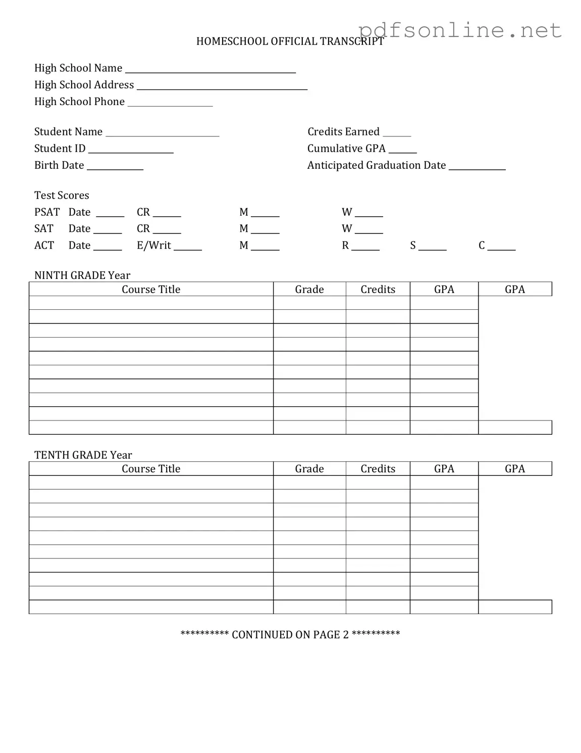 Free High School Transcript PDF Form