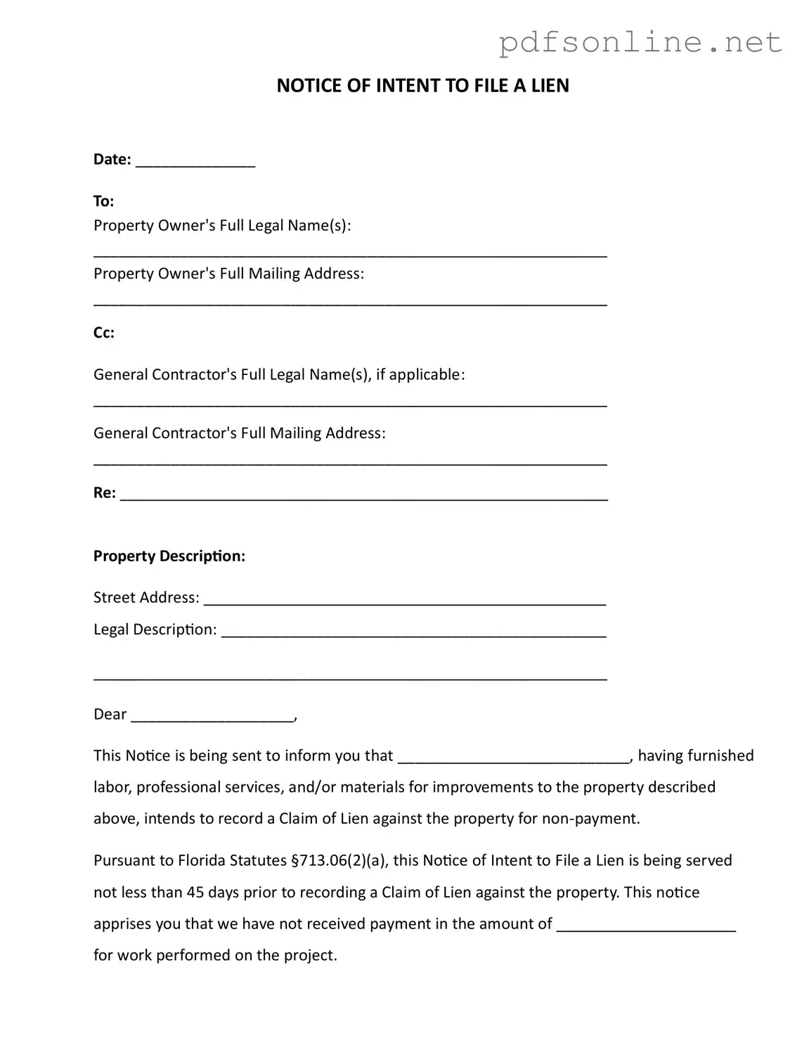 Free Intent To Lien Florida PDF Form