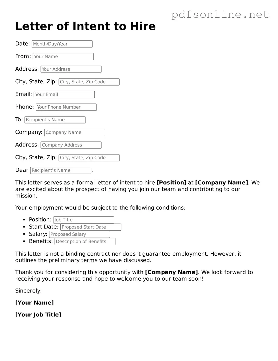 Attorney-Approved Letter of Intent to Hire Form
