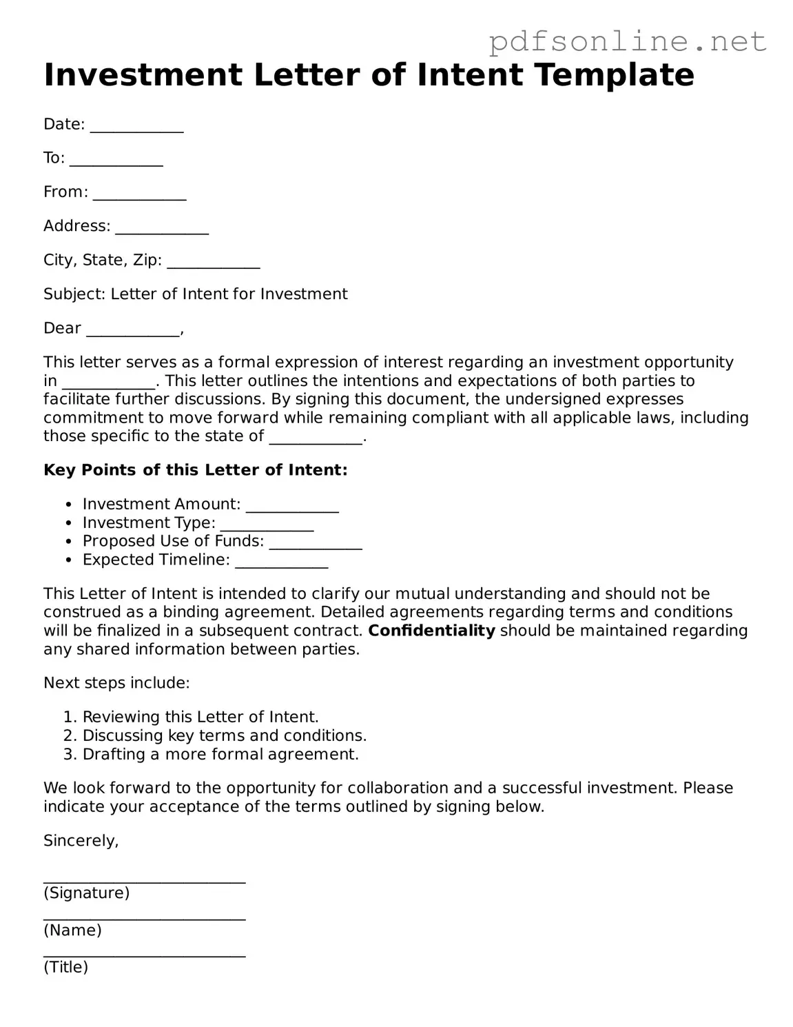Attorney-Approved Investment Letter of Intent Form