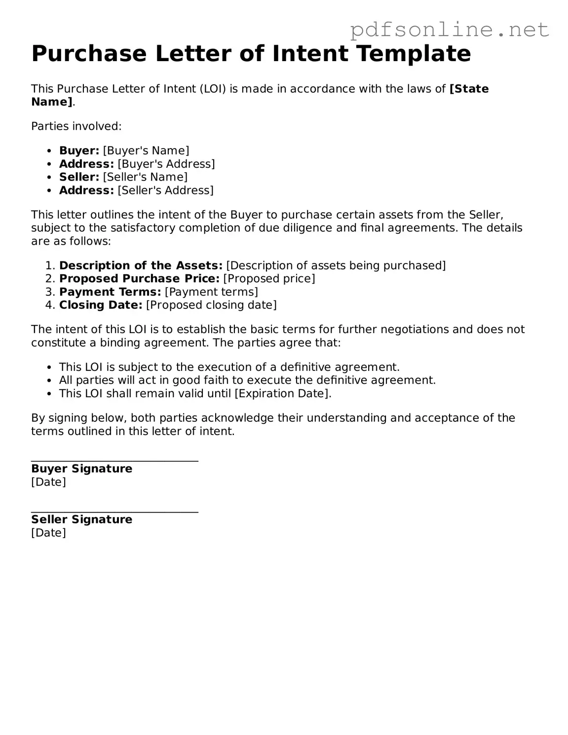 Attorney-Approved Purchase Letter of Intent Form