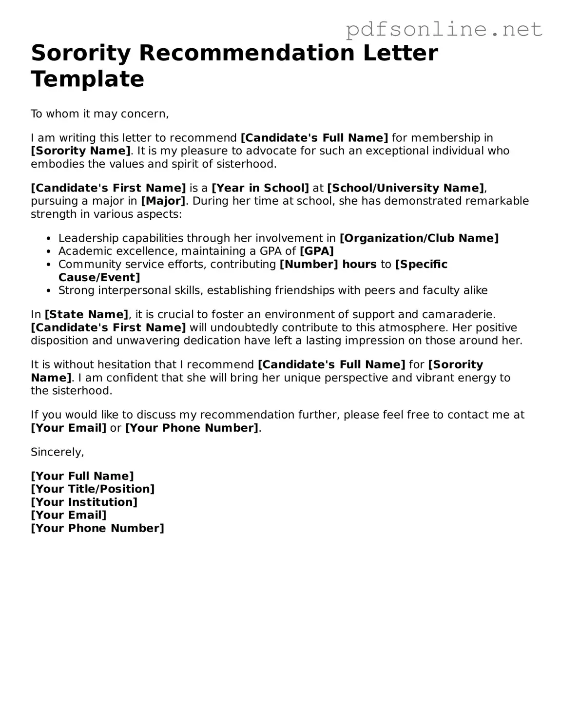Attorney-Approved Sorority Recommendation Letter Form