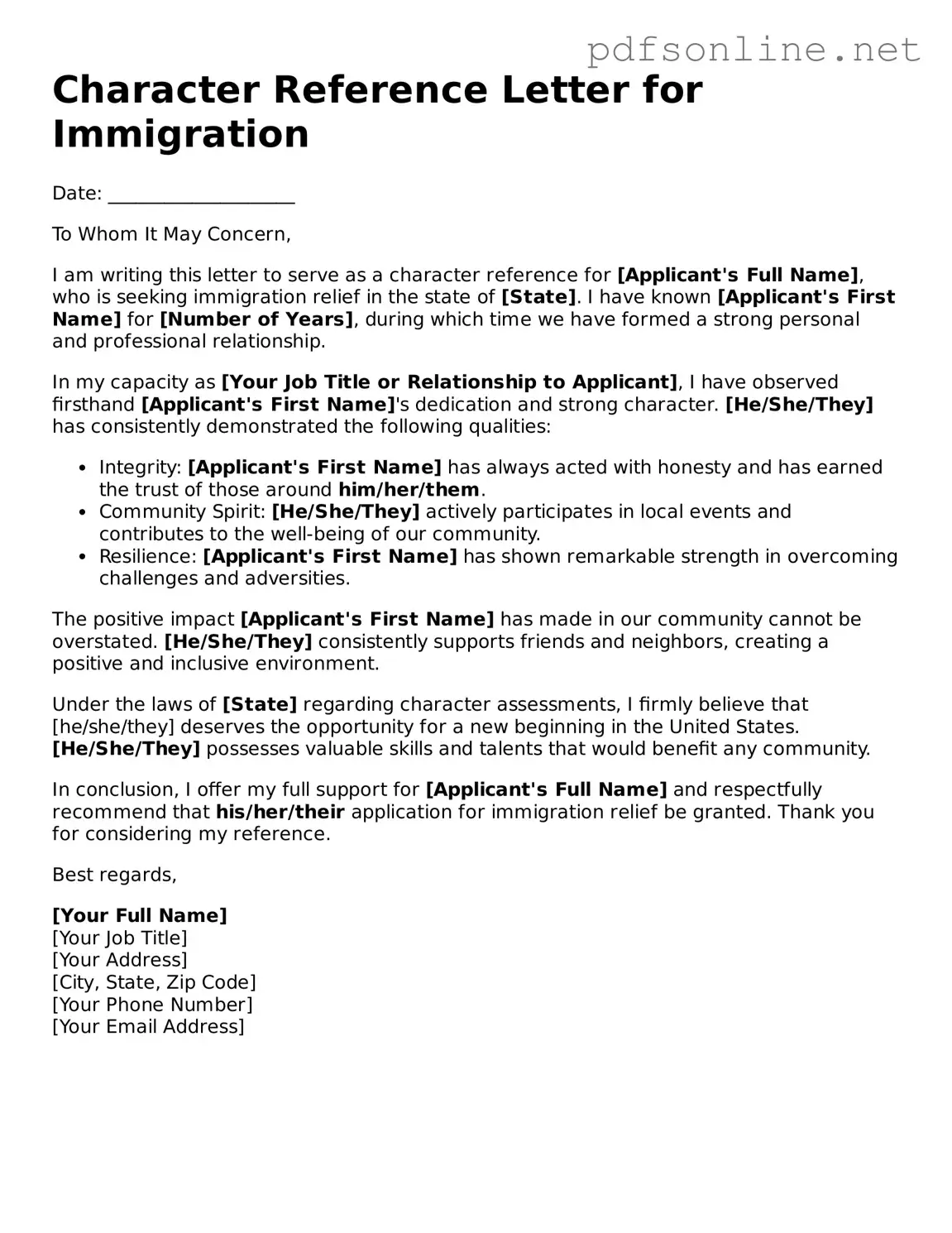 Attorney-Approved Character Reference Letter for Immigration Form