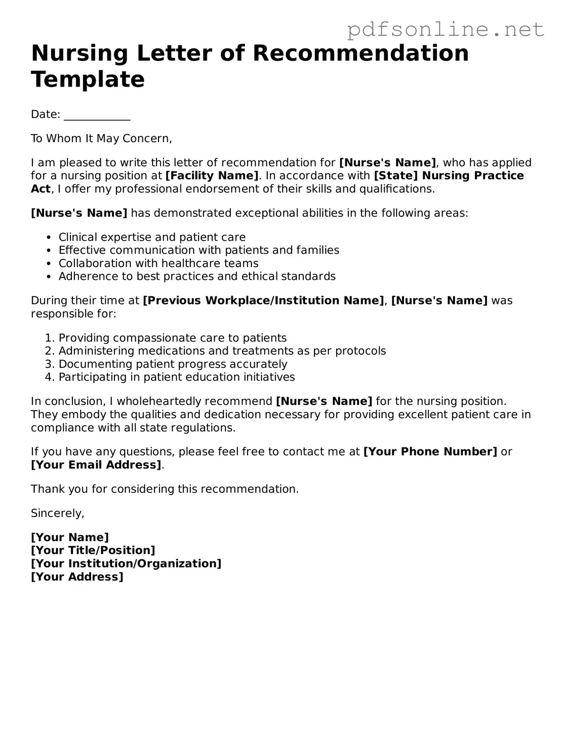 Attorney-Approved Nursing Letter of Recommendation Form