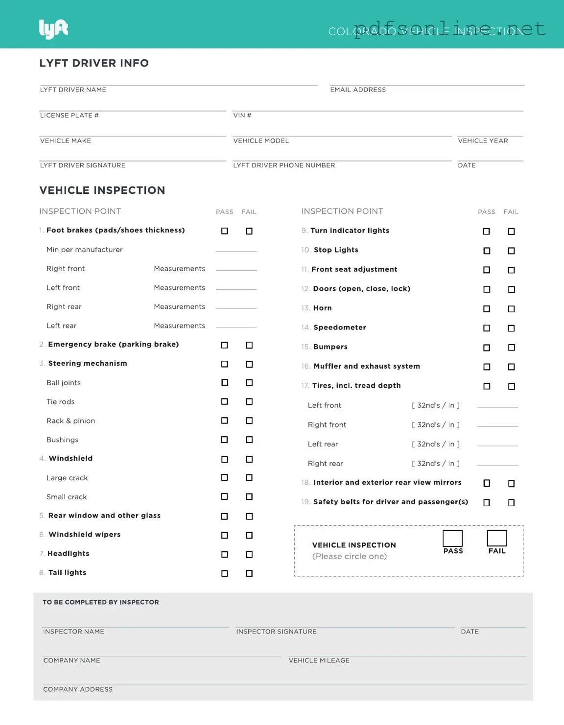 Free Lyft Inspection PDF Form