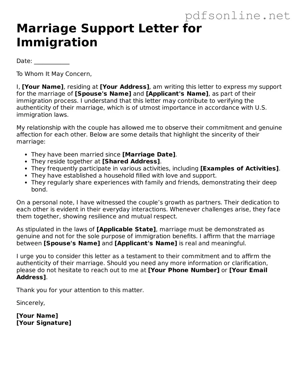 Attorney-Approved Marriage Support Letter for Immigration Form