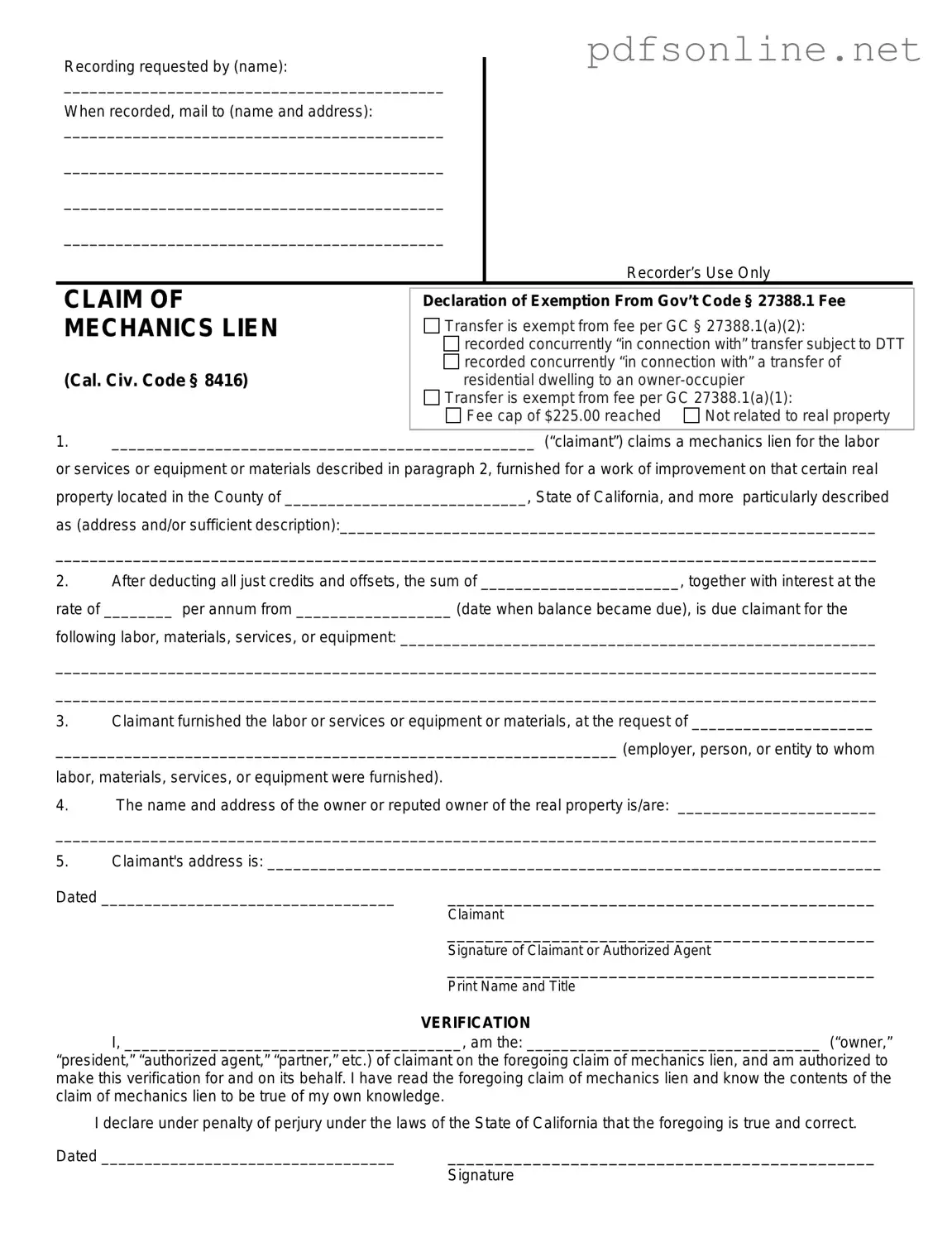Free Mechanics Lien California PDF Form