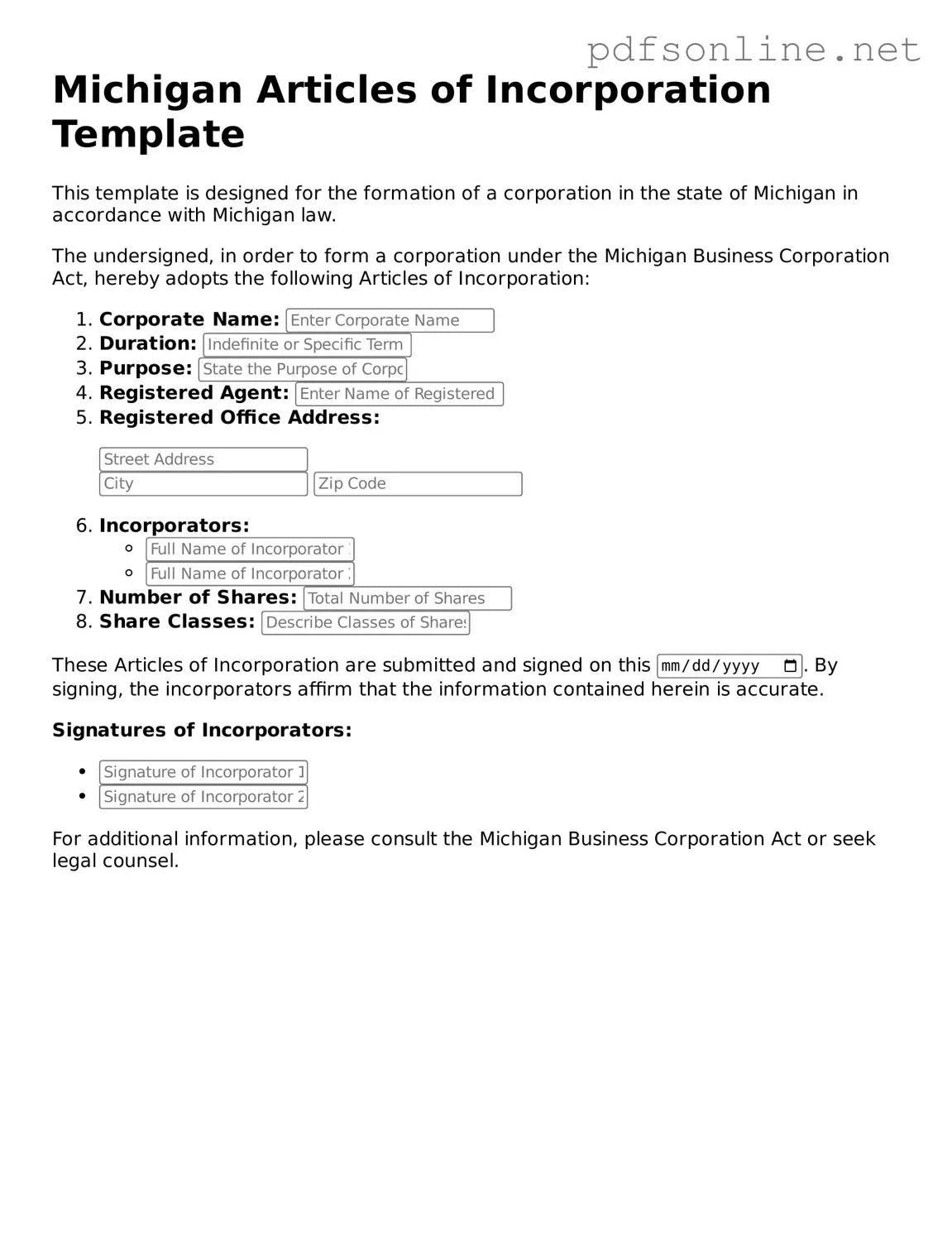 Legal Articles of Incorporation Template for the State of Michigan