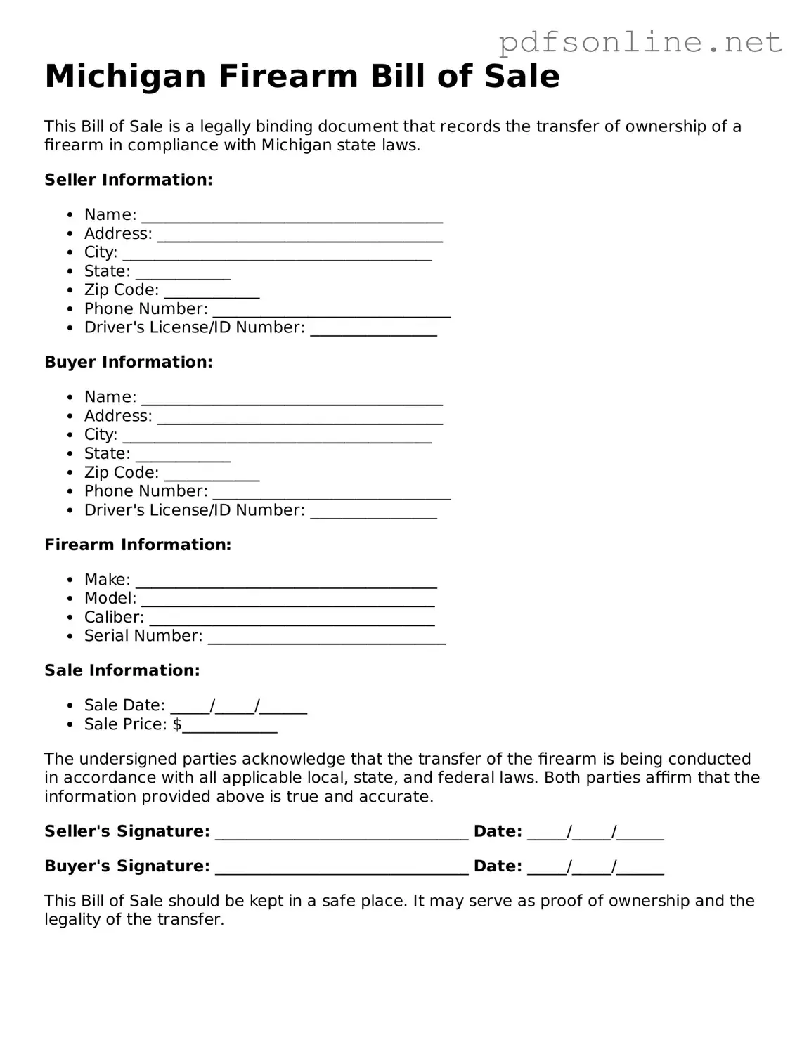 Legal Firearm Bill of Sale Template for the State of Michigan