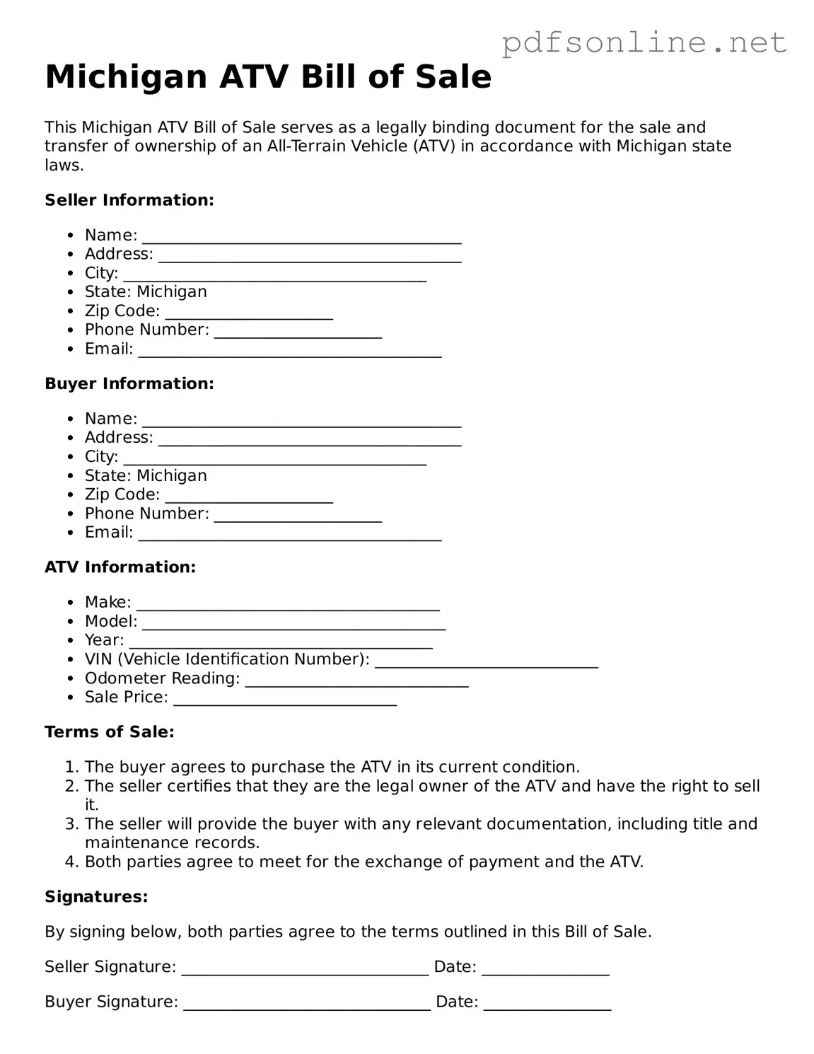 Legal ATV Bill of Sale Template for the State of Michigan