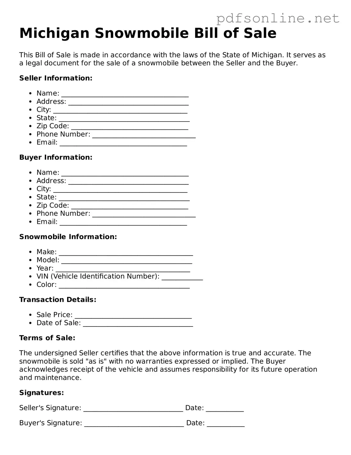Legal Snowmobile Bill of Sale Template for the State of Michigan