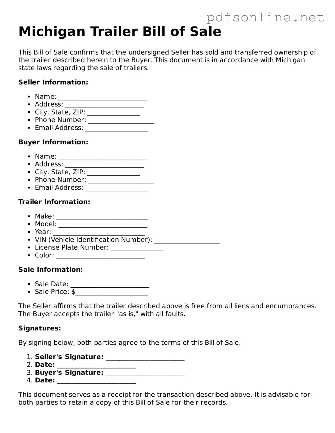 Legal Trailer Bill of Sale Template for the State of Michigan