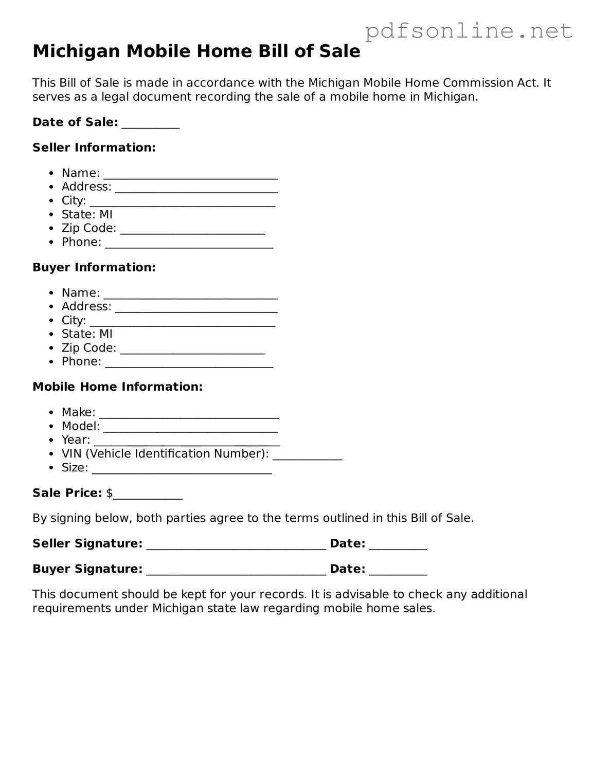 Legal Mobile Home Bill of Sale Template for the State of Michigan