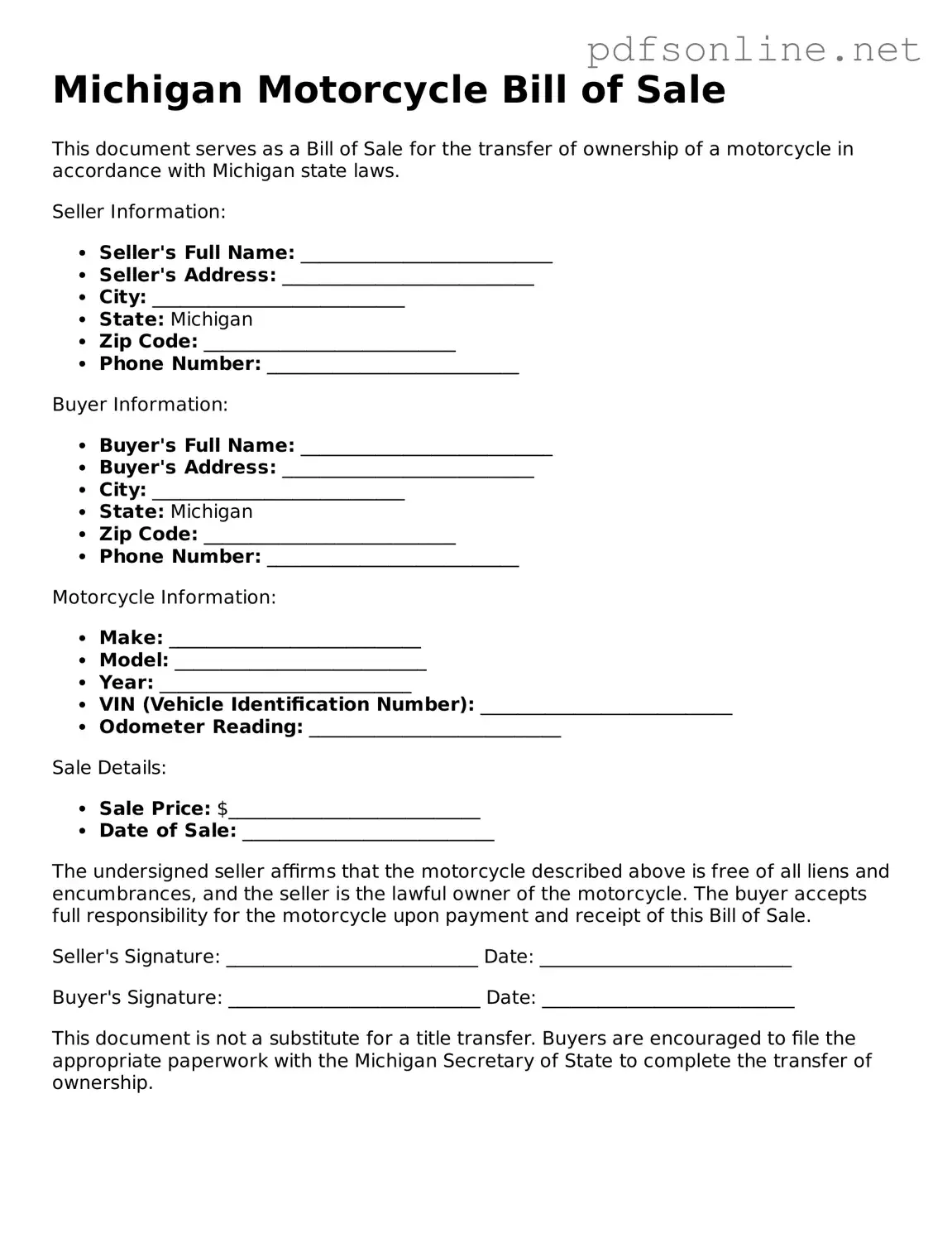 Legal Motorcycle Bill of Sale Template for the State of Michigan