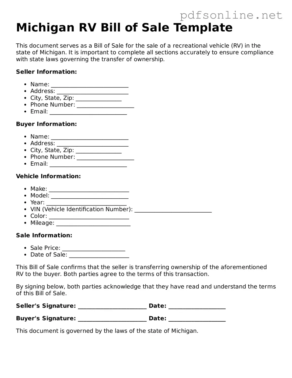 Legal RV Bill of Sale Template for the State of Michigan