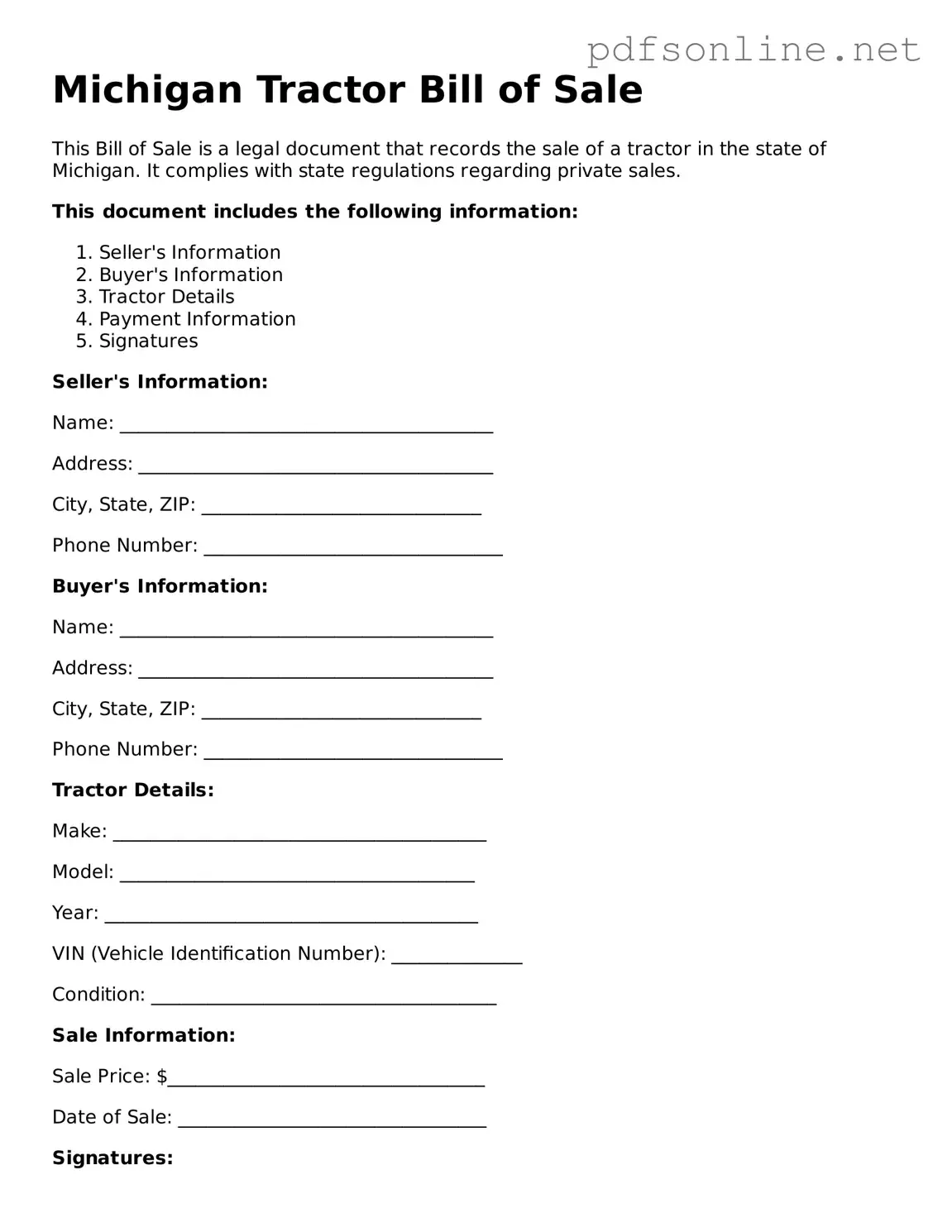 Legal Tractor Bill of Sale Template for the State of Michigan