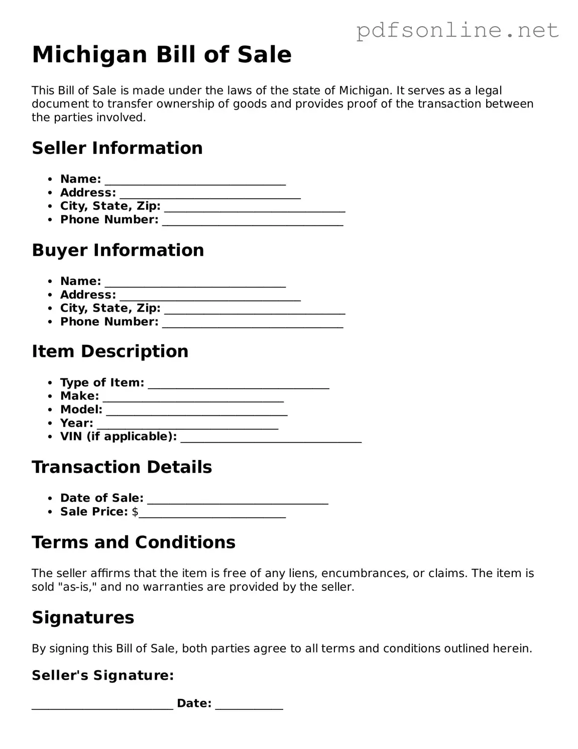 Legal Bill of Sale Template for the State of Michigan