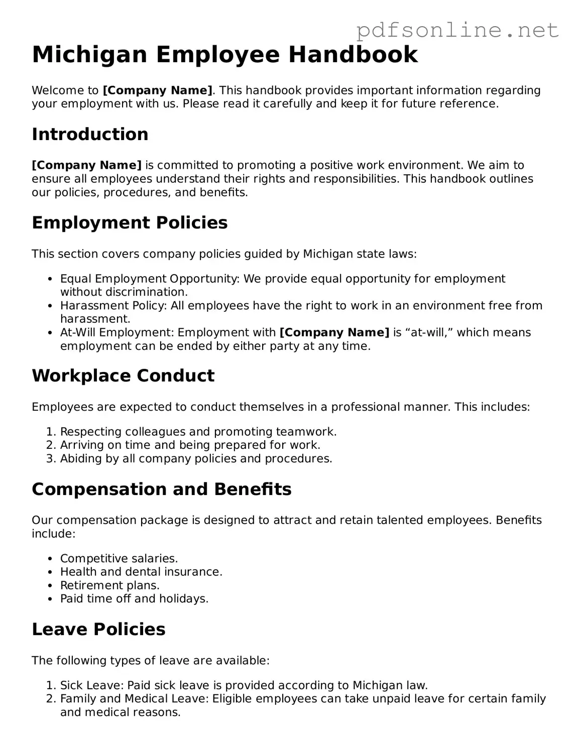 Legal Employee Handbook Template for the State of Michigan