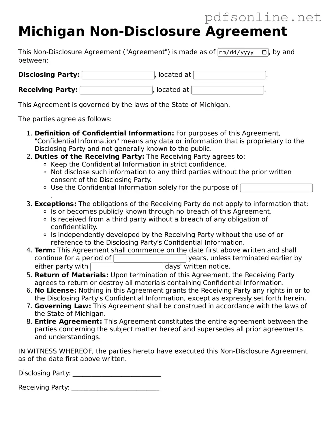 Legal Non-disclosure Agreement Template for the State of Michigan