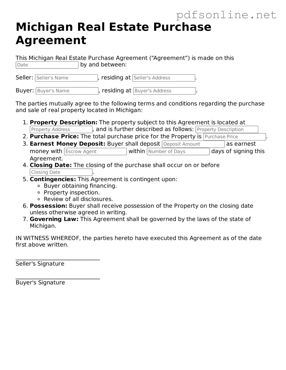 Legal Real Estate Purchase Agreement Template for the State of Michigan