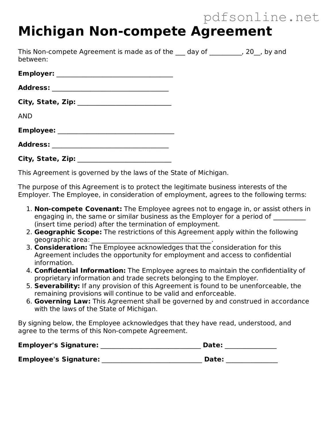 Legal Non-compete Agreement Template for the State of Michigan