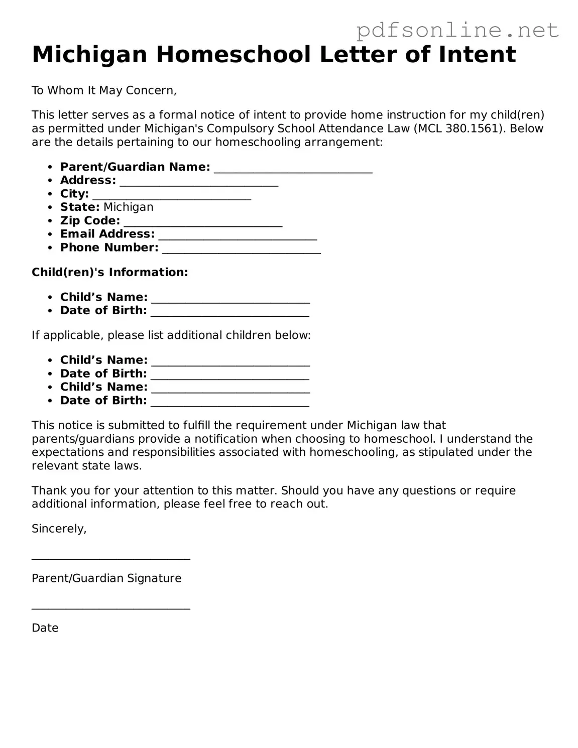 Legal Homeschool Letter of Intent Template for the State of Michigan