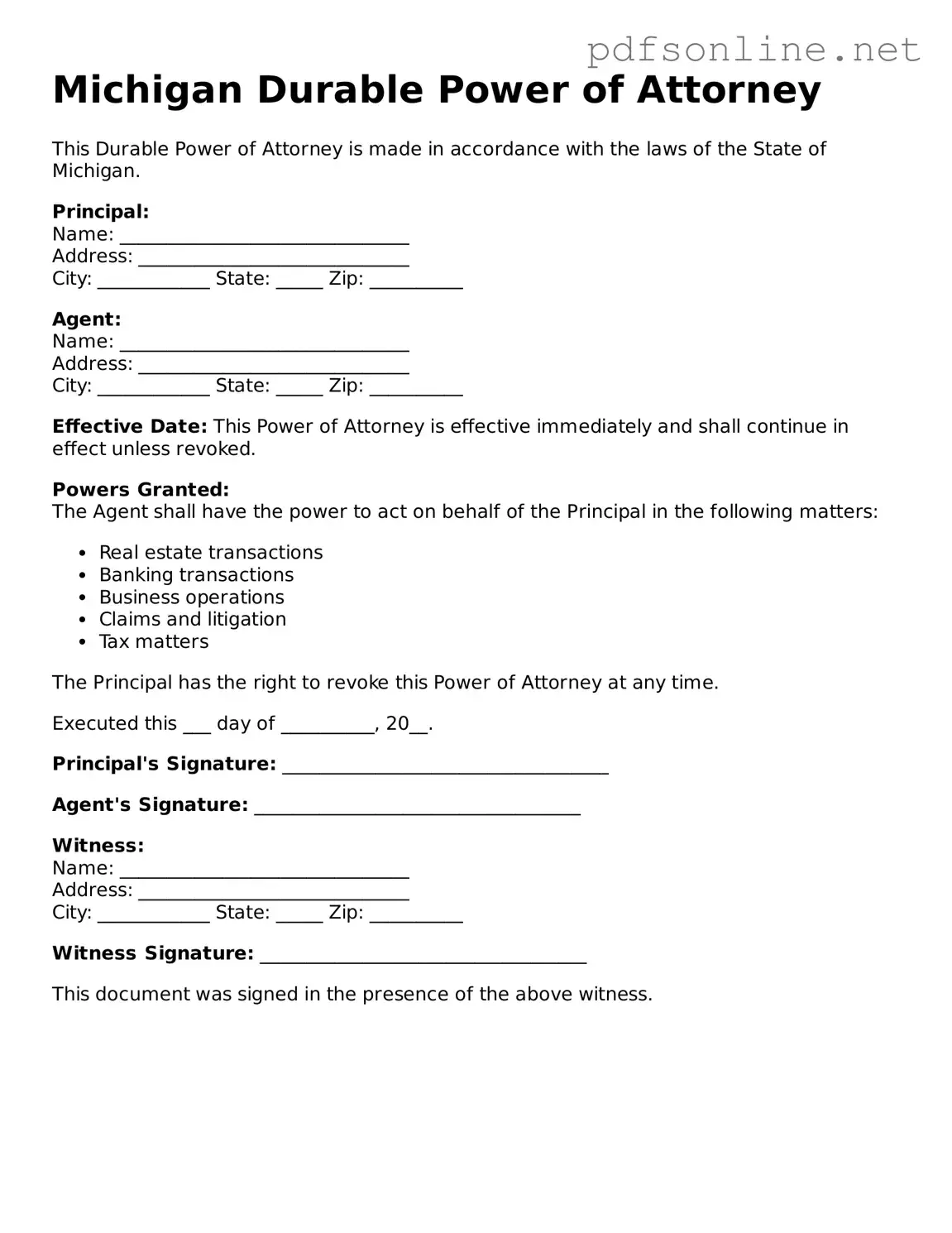 Legal Durable Power of Attorney Template for the State of Michigan