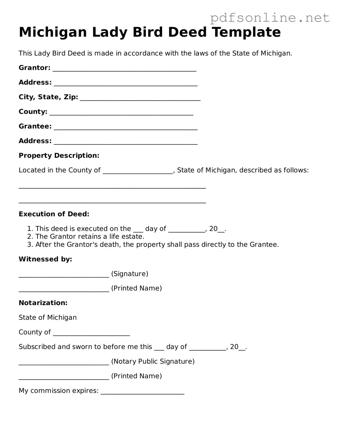 Legal Lady Bird Deed Template for the State of Michigan