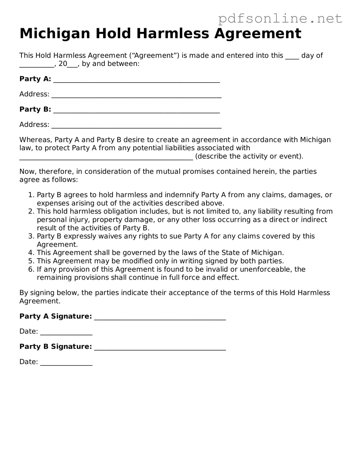 Legal Hold Harmless Agreement Template for the State of Michigan