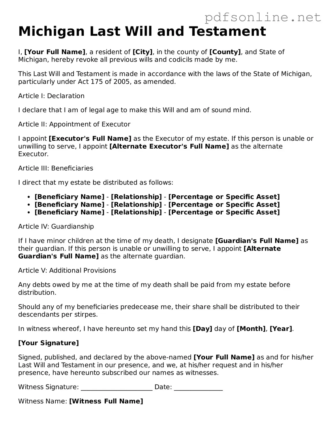 Legal Last Will and Testament Template for the State of Michigan