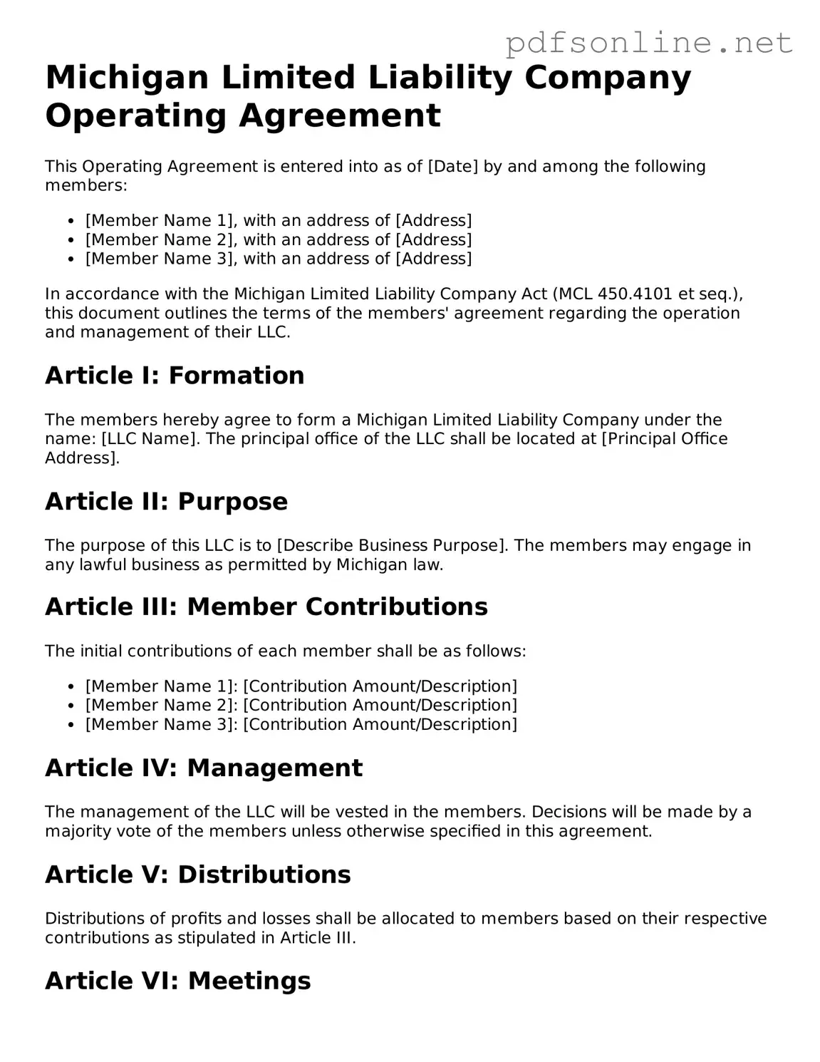 Legal Operating Agreement Template for the State of Michigan