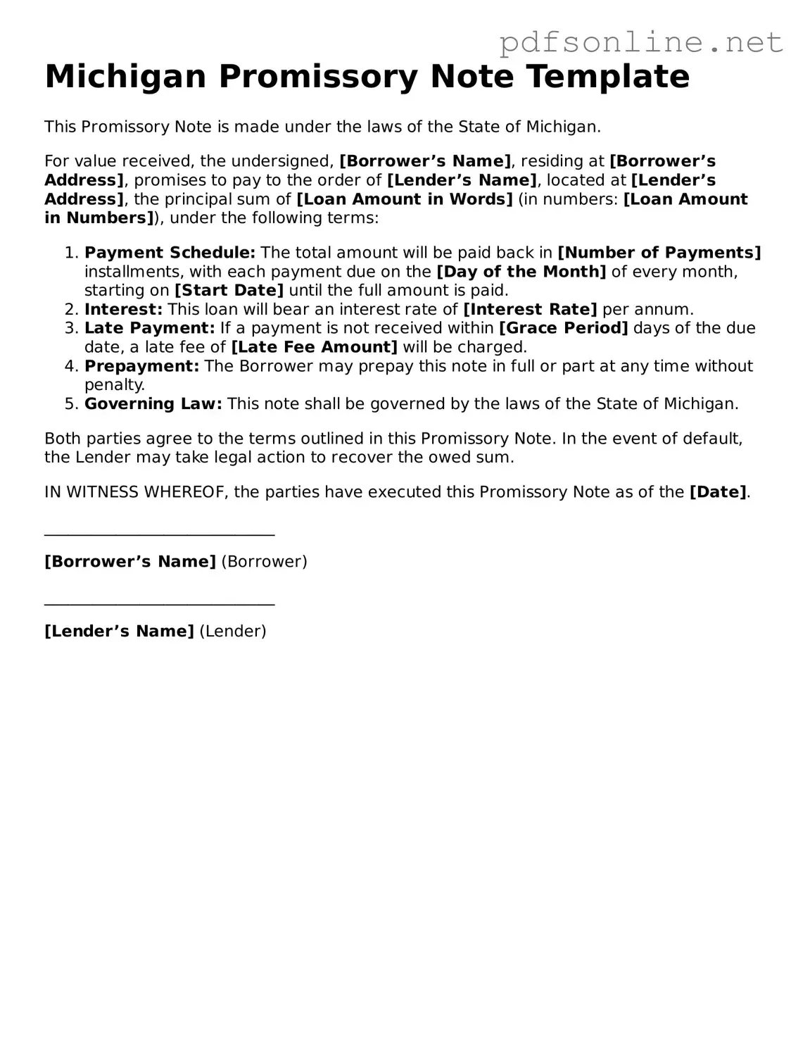 Legal Promissory Note Template for the State of Michigan
