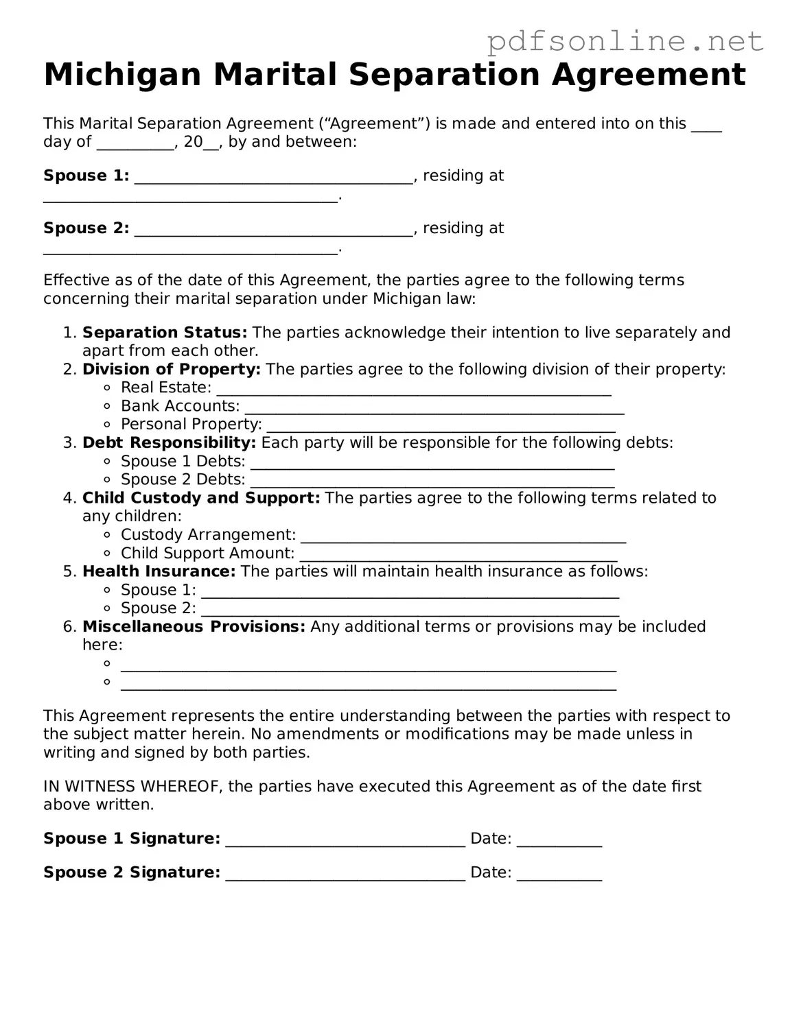Legal Marital Separation Agreement Template for the State of Michigan