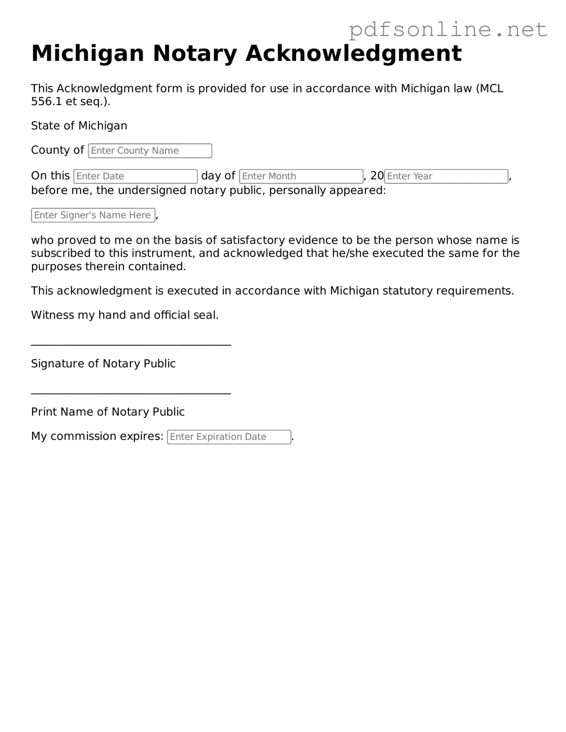 Legal Notary Acknowledgement Template for the State of Michigan