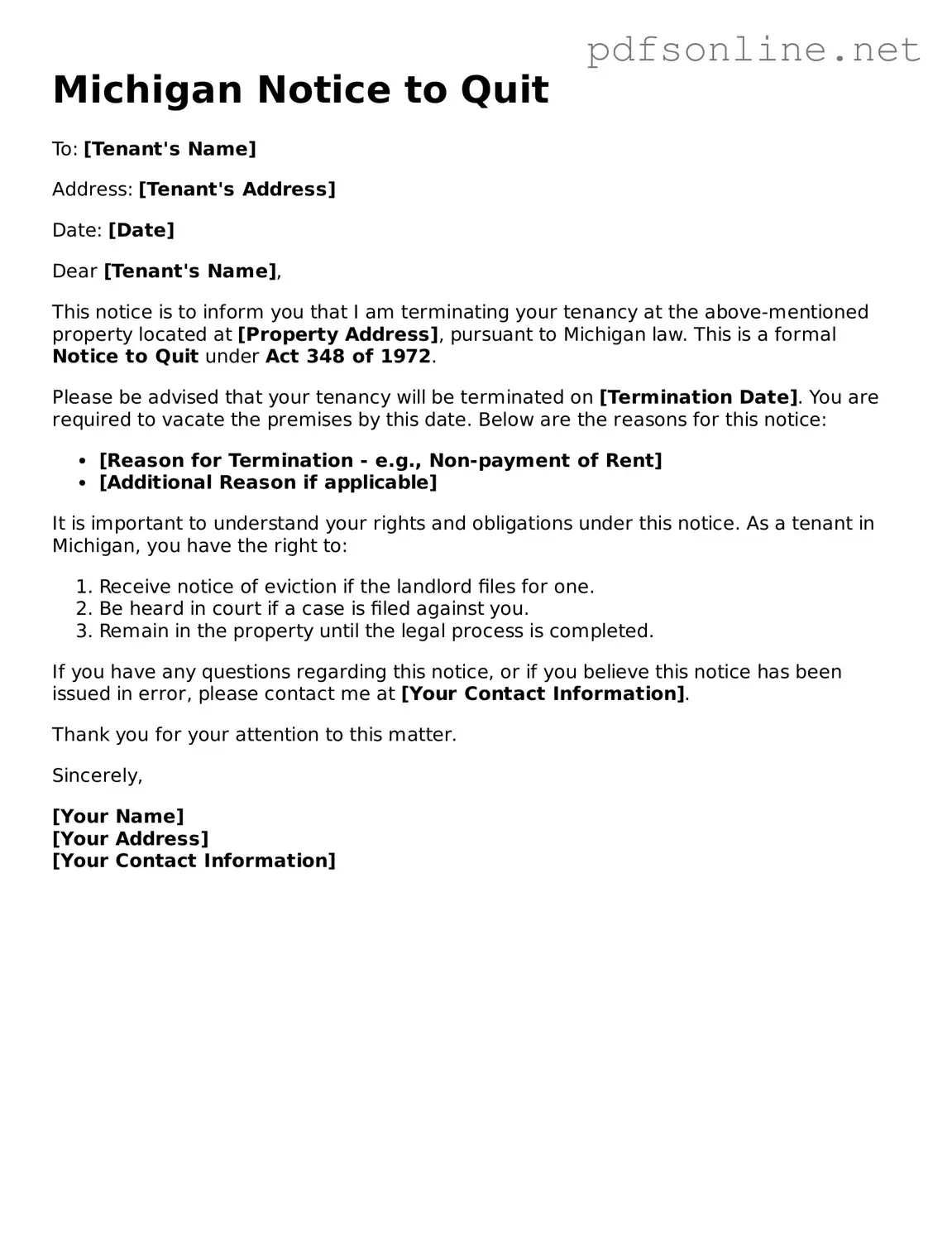 Legal Notice to Quit Template for the State of Michigan