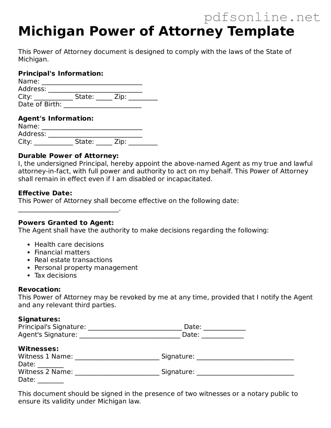 Legal Power of Attorney Template for the State of Michigan