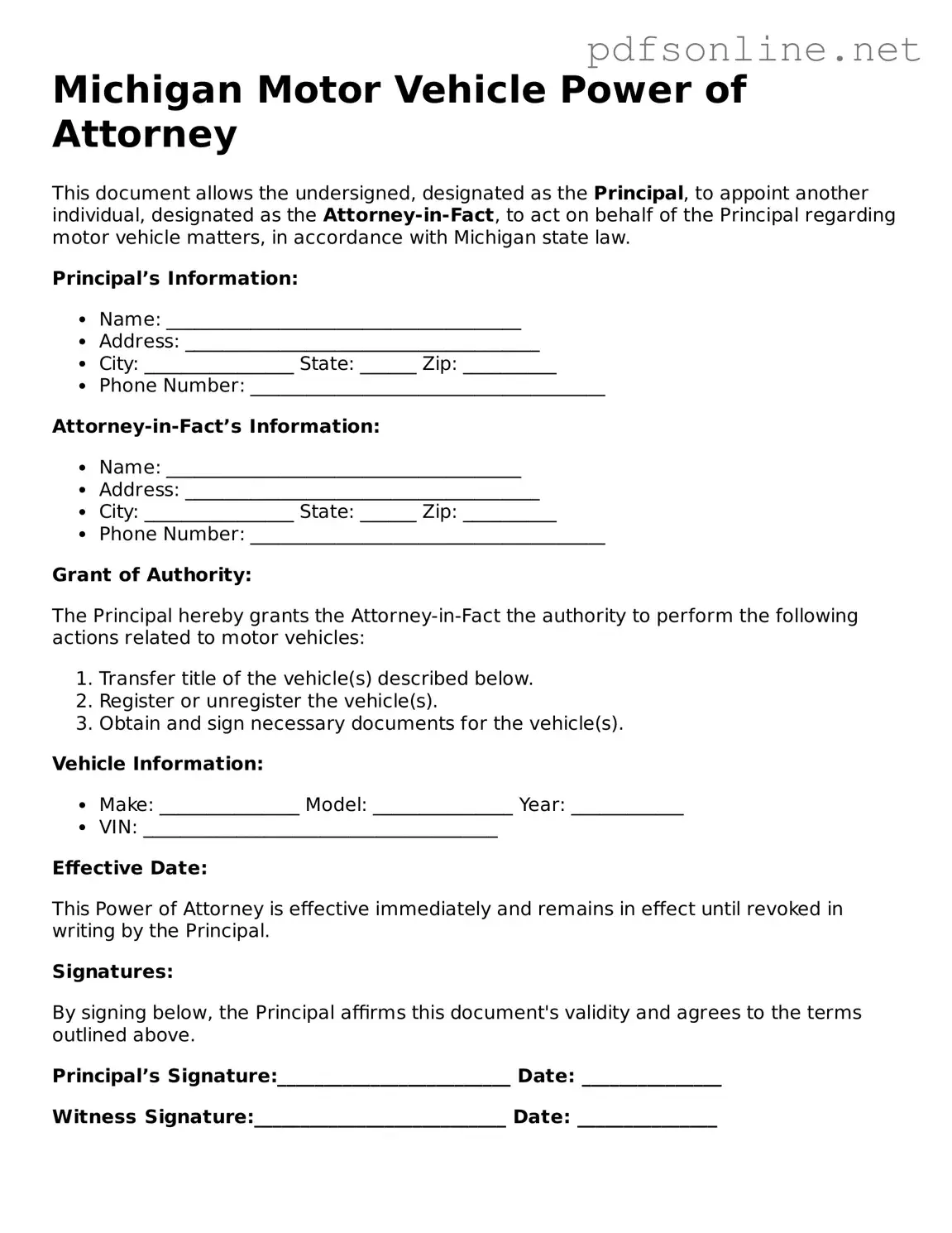 Legal Motor Vehicle Power of Attorney Template for the State of Michigan