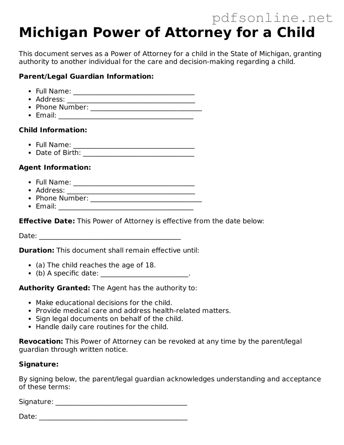 Legal Power of Attorney for a Child Template for the State of Michigan