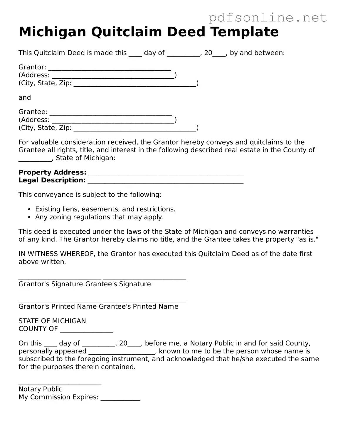 Legal Quitclaim Deed Template for the State of Michigan