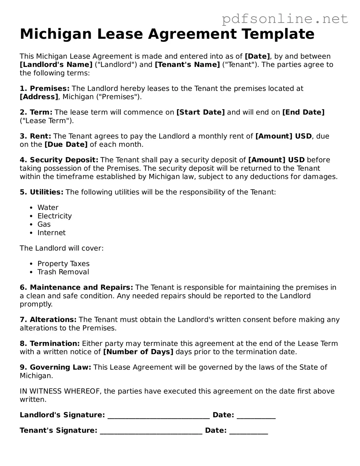 Legal Lease Agreement Template for the State of Michigan