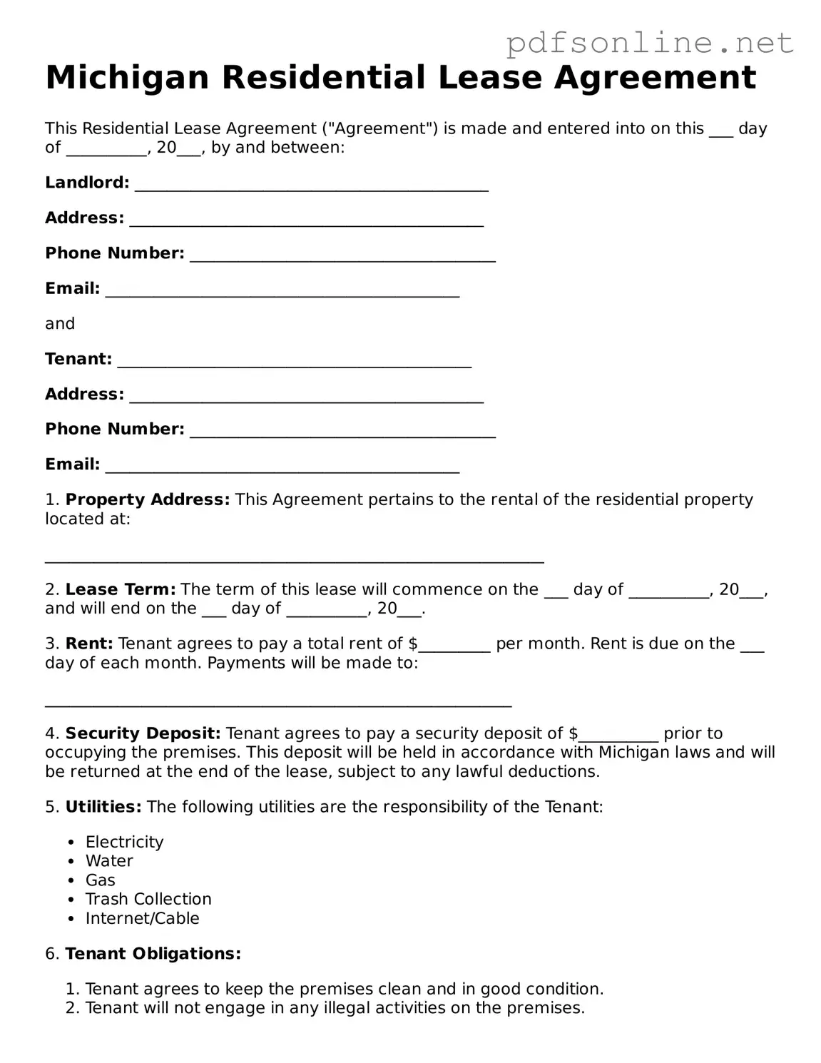 Legal Residential Lease Agreement Template for the State of Michigan