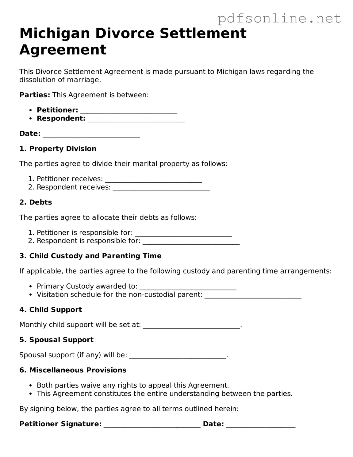 Legal Divorce Settlement Agreement Template for the State of Michigan