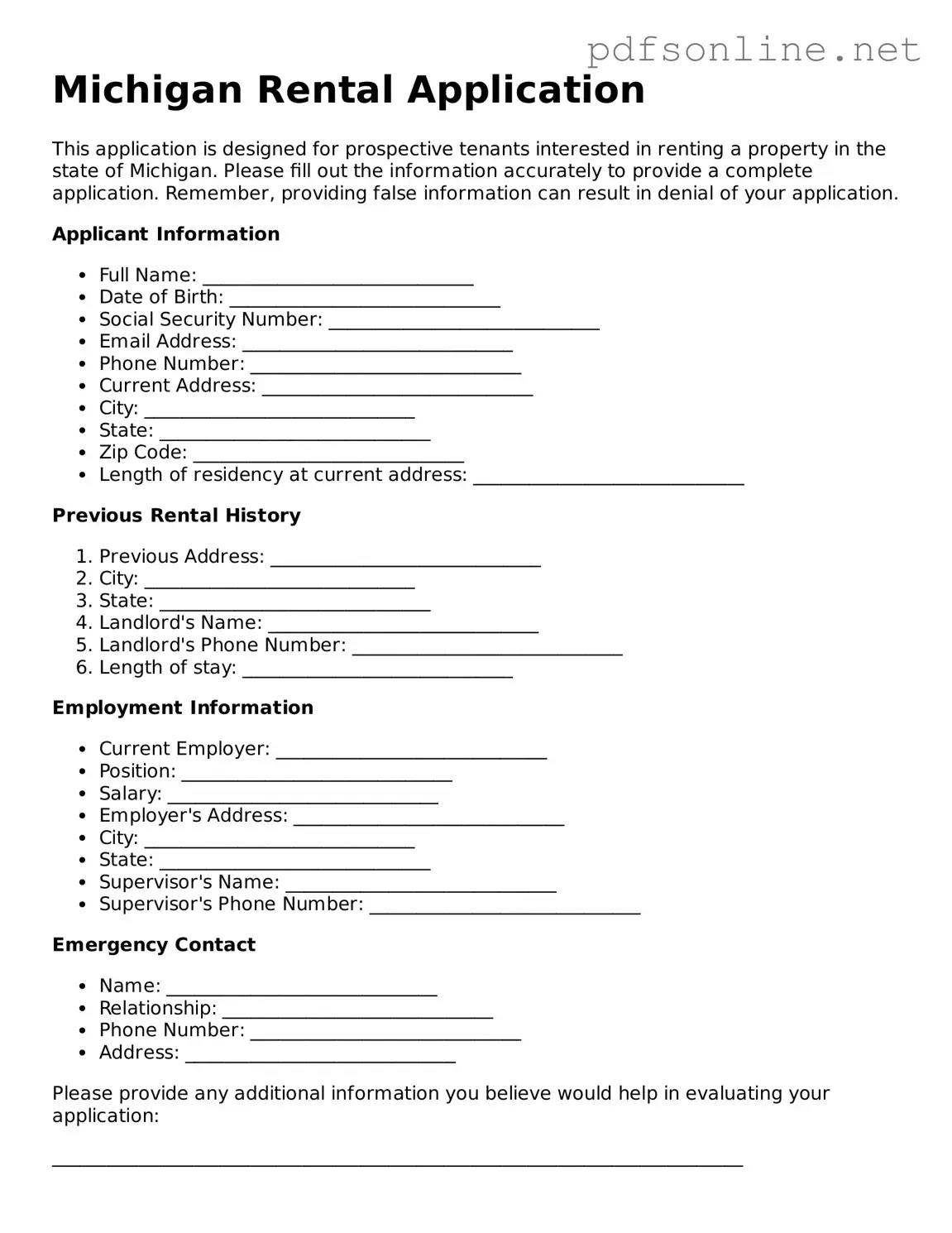 Legal Rental Application Template for the State of Michigan