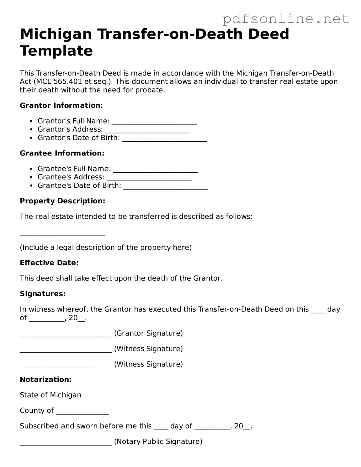 Legal Transfer-on-Death Deed Template for the State of Michigan