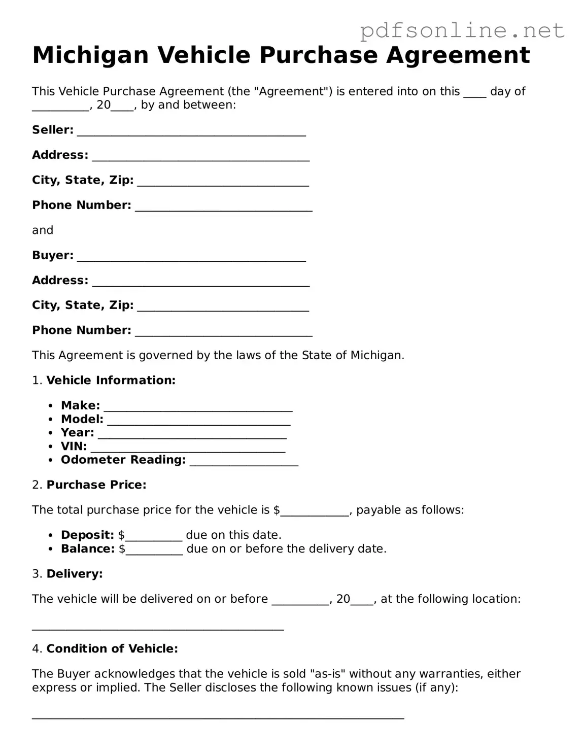 Legal Vehicle Purchase Agreement Template for the State of Michigan
