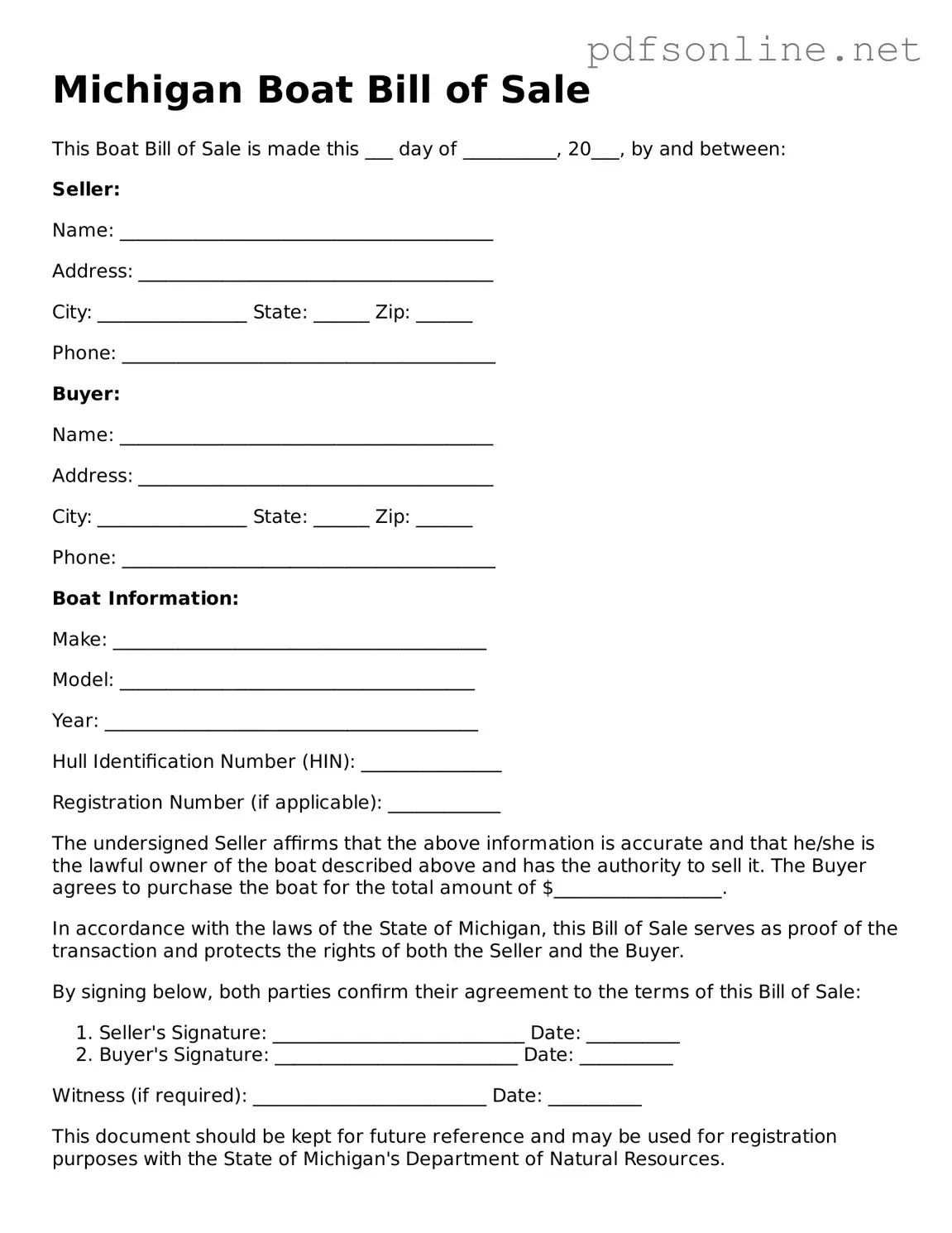 Legal Boat Bill of Sale Template for the State of Michigan